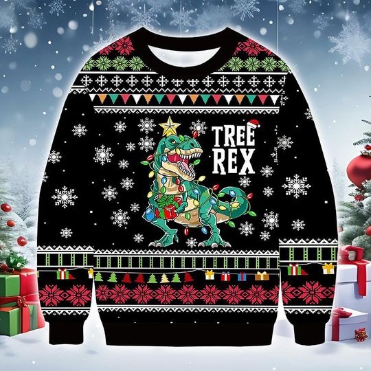 Discover Tree Rex Christmas Sweatshirt, black festive dinosaur pullover with holiday lights and snowflakes, funny winter sweater gift for him her