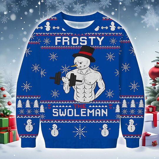 Discover Frosty the Swoleman Christmas Sweatshirt, blue festive workout snowman pullover with funny muscle design, humorous winter gift for him her