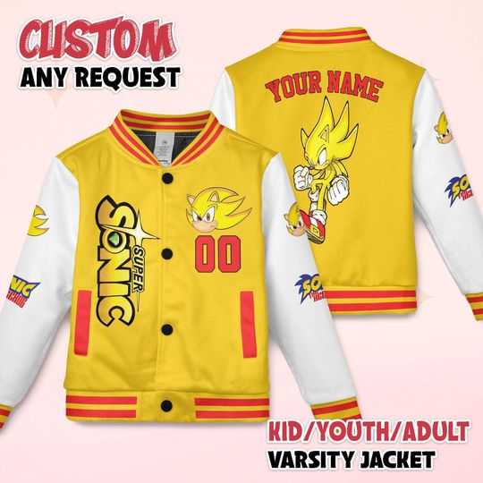 Discover Personalize Super Sonic Varsity Jacket, Custom Sonic the Hedgehog Baseball Jacket