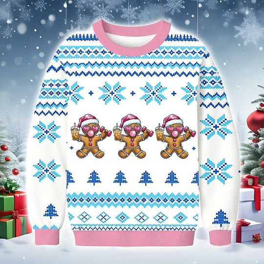 Discover Gingerbread Christmas Sweater, Knit-Style White Blue Holiday Sweatshirt with Cute Santa Cookie Characters and Snowflake Pattern Festive Gift