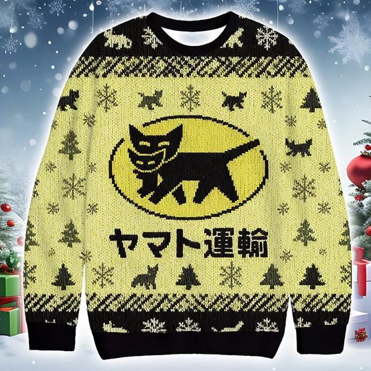 Discover Christmas Cat Sweater 2025 Funny Japanese Text Knit Apparel: Retro Pattern Holiday Clothing Collection