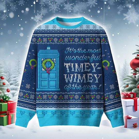 Christmas Holiday Sweater 2025 Blue Phone Booth Graphic Winter Apparel: Knit Pattern Festive Clothing Collection