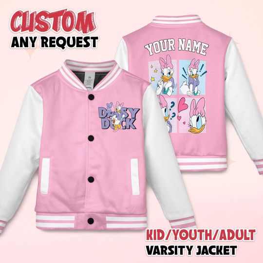 Discover Personalize Daisy Duck Varsity Jacket, Custom Mickey and Friends Baseball Jacket