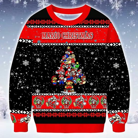 Discover Novelty Ugly Christmas Sweater Holiday Party Jumper Video Game Theme Gift 2025: Festive Red and Black Crewneck Knit Pullover Apparel