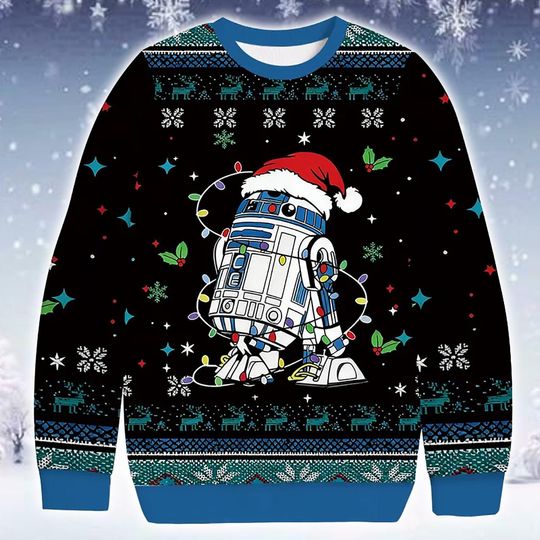 Discover Holiday Ugly Christmas Sweater Sci Fi Robot Theme Jumper 2025: Space Opera Print Novelty Apparel