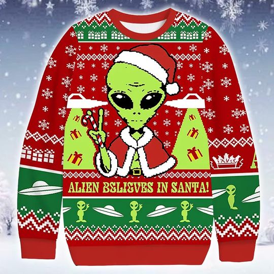 Discover Funny Ugly Christmas Sweater Alien Santa Theme Jumper 2025: Sci Fi Humor Printed Holiday Apparel