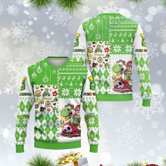 Super Mario Yoshi Ugly Christmas Sweater, Christmas Mario Yoshi Sweater, Bowser Mario Bros Xmas Sweatshirt, Video Games Kids Sweater