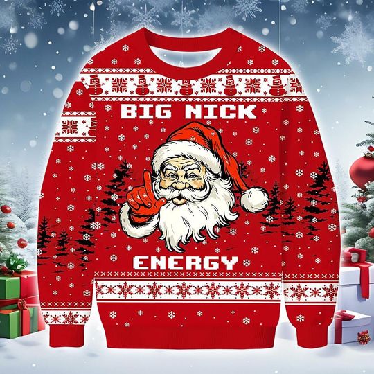 Discover Big Nick Energy Christmas Sweatshirt, red festive Santa graphic holiday sweater