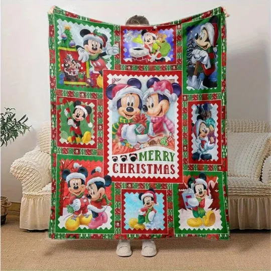 Discover Cute Mickey & Minnie Mouse Couple Merry Christmas Festive Home Decor Blanket