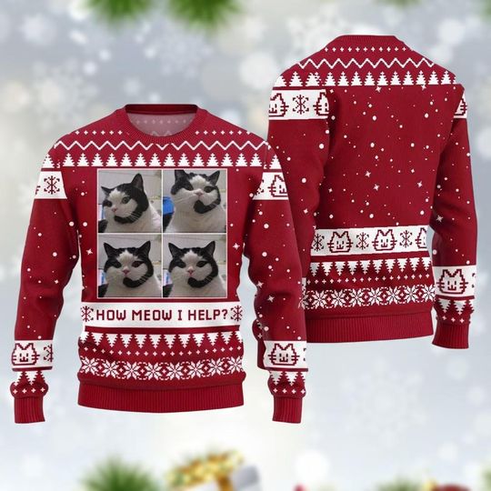 Discover Funny Cat Meme Ugly Christmas Sweater, How Meow I Help Cat Lover Holiday Sweater, Cozy Sweater Xmas Gift For Men And Women