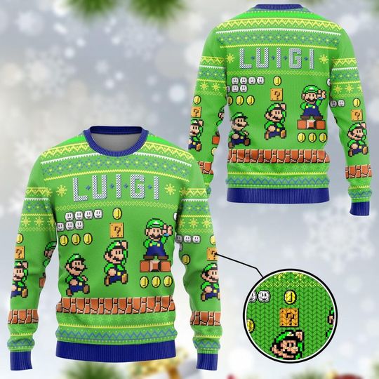 Luigi Christmas Ugly Sweater, Super Mario Game Xmas Sweater, Game Christmas Gift, Xmas Holiday Gift, Christmas Party Gift, Gift For Him