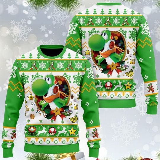 Yoshi Ugly Christmas Sweater, Super Mario Ugly Christmas Sweater, Super Mario Sweater, Super Mario Xmas Gift, Yoshi Holiday Sweater