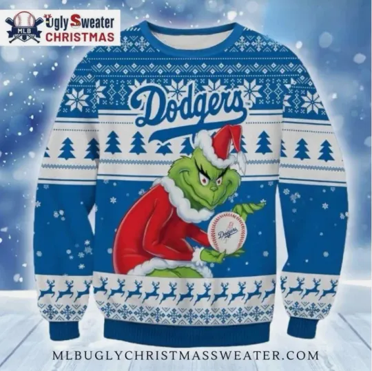 funny character Santa Holding Dodgers Baseball Ugly Sweater Gift For Christmas