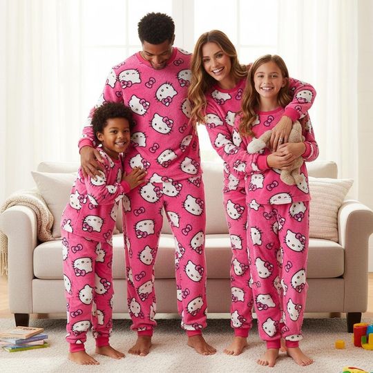 Discover Kitty Family Family Pajamas Set, Cute Cat Long Sleeve PJs, Pink Christmas Pajamas, Matching Pyjama Set, Xmas Gift For Family