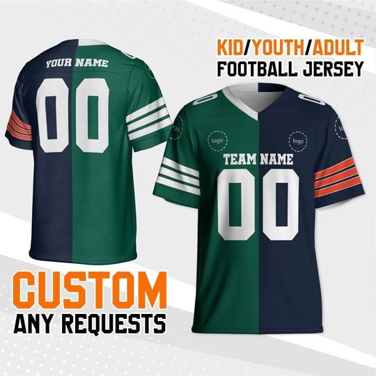 Personalized Any Two Team Green And Navy Color Football Jersey, Split Half Uniform Jersey, Custom Short Sleeve Jersey, House devide jersey