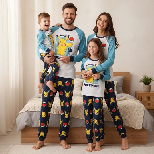 Discover Pocket Monster Family Family Pajamas Set, Plk4chu Long Pajamas, Gacha Ball Long Tee & Pants PJs, Family Matching Pajamas Set, Family Sleepwear Gif