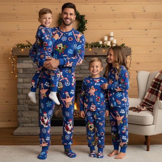 Discover SpongeBob Family Family Pajamas Set, Patrick Star Long Sleeve PJs, Blue Character Christmas Pajamas, Matching Pyjama Set, Xmas Gift For Family