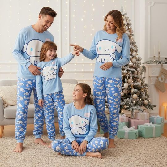Discover Cute Puppy Family Family Pajamas Set, Kawaii Long Sleeve PJs, Blue Christmas Pajamas, Matching Pyjama Set, Xmas Gift For Family