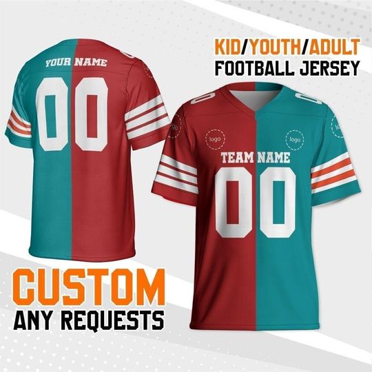 Personalized Any Two Team Red And Teal Color Football Jersey, Split Half Uniform Jersey, Custom Short Sleeve Jersey, House devide jersey