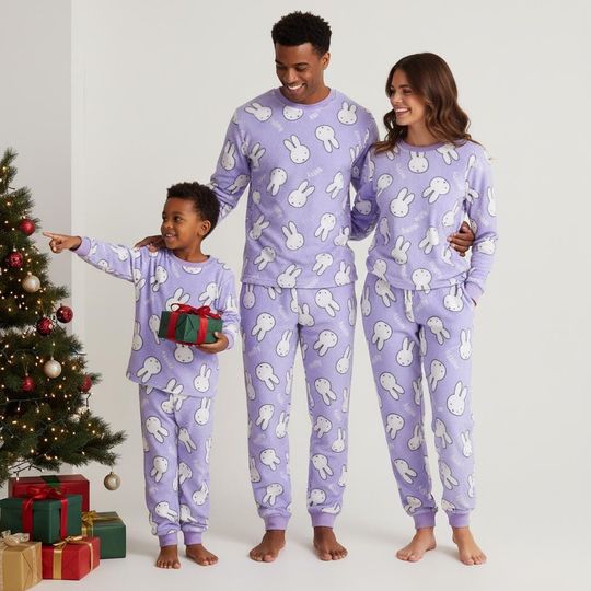 Bunny Family Family Pajamas Set, Cute Rabbit Long Sleeve PJs, Purple Bunny Christmas Pajamas, Matching Pyjama Set, Xmas Gift For Family