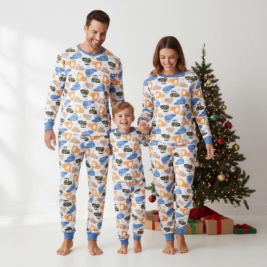 Discover Construction Vehicle Family Pajamas, Digger Long Sleeve PJs, Tractor Christmas Pajamas, Matching Pyjama Set, Xmas Gift For Family