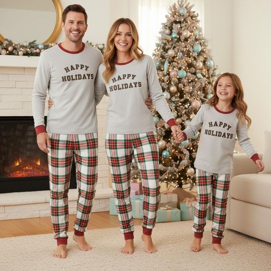 Happy Holiday Family Pajamas Set, Festive Long Sleeve PJs, Christmas Plaid Pajamas, Matching Pyjama Set, Xmas Gift for Family
