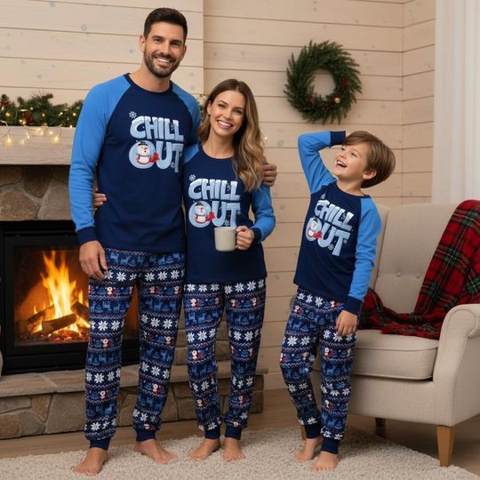 Snowman Family Pajamas Set, Chill Out Long Sleeve PJs, Blue Christmas Pajamas, Matching Pyjama Set, Xmas Sleepwear Gift