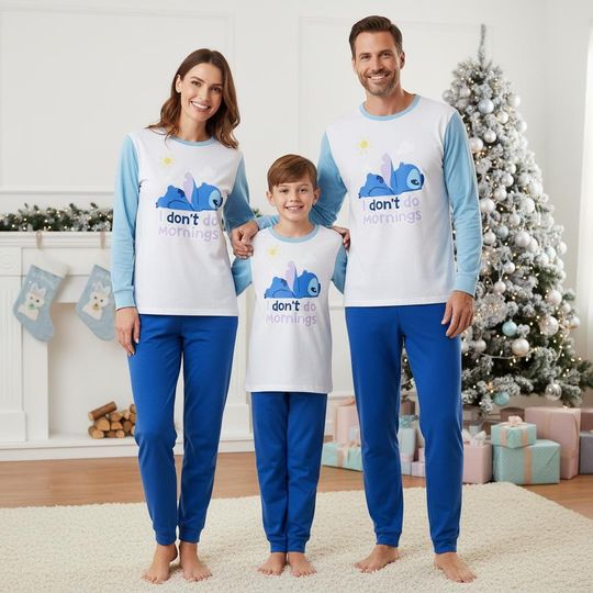 Stitch Family Pajamas Set, Stitch Long Pajamas, Blue Long Tee & Pants PJs, Family Matching Pajamas Set, Pajama Family Gift