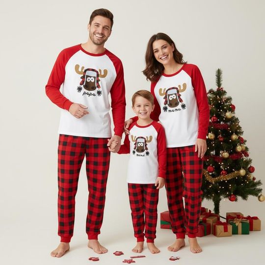 Discover Reindeer Family Pajamas, Red Plaid Long Sleeve PJs, Christmas Pajamas, Matching Pyjama Set, Xmas Gift For Family