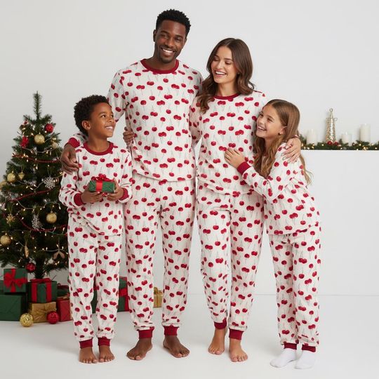 Cherry Family Pajamas Set, Cherry Long Sleeve PJs, Cherry Christmas Pajamas, Matching Pyjama Set, Xmas Gift For Family