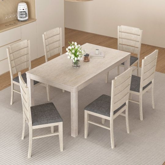 Discover Set of 7 Solid Wood Dining Set Kitchen Table Set Dining Room 1 Table and 6 Chair