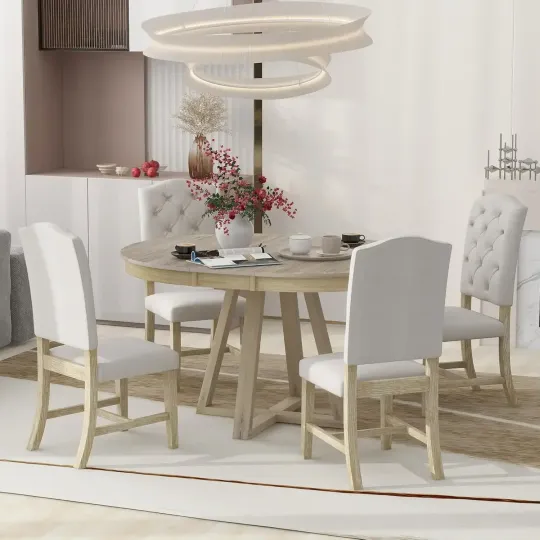 Discover （XMSJ-Hot）5 Piece Round Dining Room Table Set for 4 with Extendable Table with 16" Leaf and Upholstered Chairs