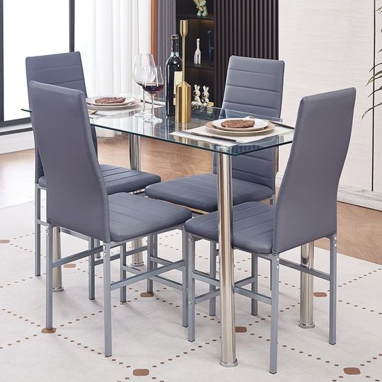Discover Dining Table Set for 4, 5 Piece Kitchen Table and Chairs for Dinette, Apartment, Compact Space-Saving w/Tempered Glass Tabletop