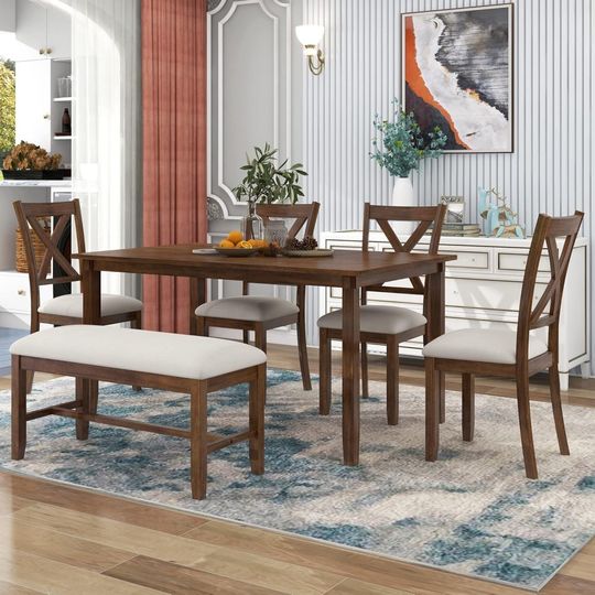 Discover harper & bright designs 6 pieces dining table set, wooden rectangle table and 4 chairs with bench with cushion, kitchen table ch