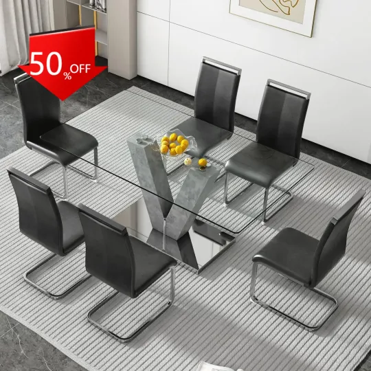 Discover Glass Dining Room Table Set for 6,Grey Dining Table with 6 PU Leather Dining Chairs.71'' Kitchen Table with Marble Pillars
