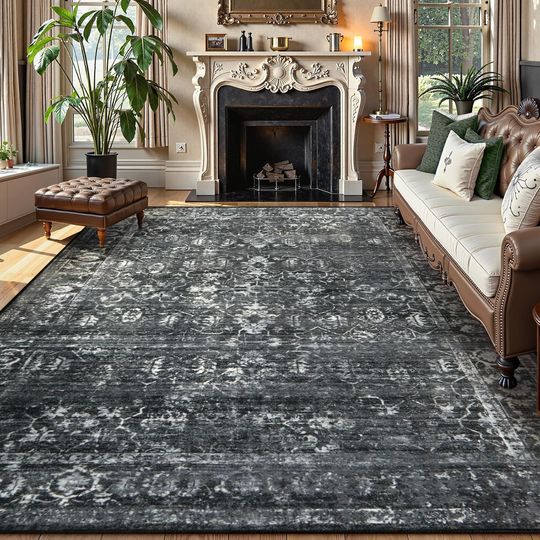 Discover Living Room Soft Large Rugs for Bedroom, Boho Black Dining Room Rug, Distressed Non Slip Low Pile Carpet for Indoor Home Office