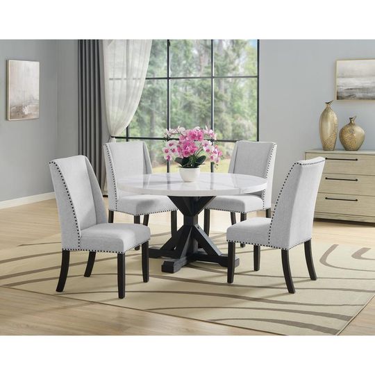 Discover Contemporary 5pc Dining Set with White Marble Round Table, Dove Gray Upholstered Wingback Chairs, Black Solid Wood Finish for