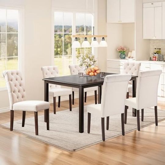Discover 7-Piece Dining Table Set for 6, 60" Rectangular Wooden Kitchen Table with 6 Tufted Dining Room Chairs, Brown/Beige