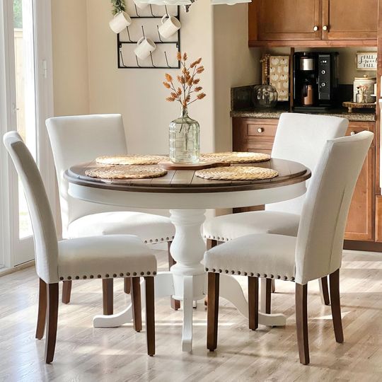 Discover Upholstered Dining Chairs Set of 4, Parsons Style Linen Beige Accent Chairs with High Back, for Round Kitchen Table or Small Di