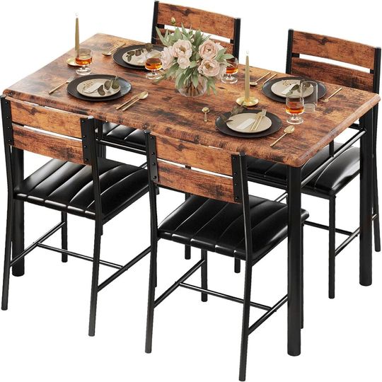 Discover IRONCK Dining Table Set for 4, Wood Kitchen Table with Upholstered Chairs for Kitchen Room and Small Spaces, Rustic Brown