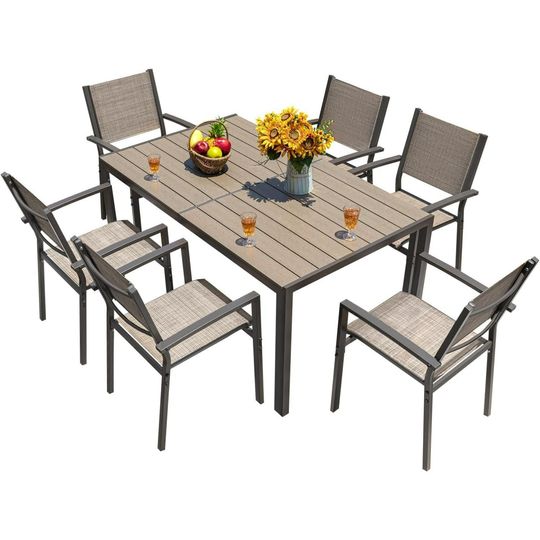 Discover Patio Dining Set 7 Pieces Outdoor Furniture with Large Table and 6 Textilene Chairs for Porch, Brown