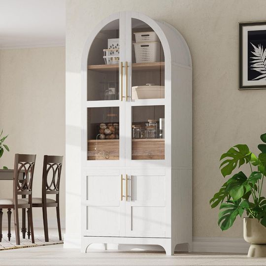 Discover Merax 71 Farmhouse-Style Arched Pantry Cabinet with Glass Doors, Hidden Drawer, and Adjustable Shelves for Kitchen and Dining St