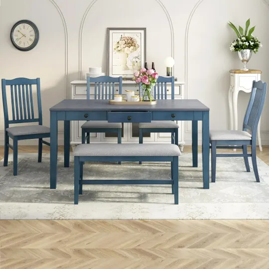 Discover Dining Table Set for 6 with Chairs Blue, 6 Piece Kitchen Table and Bench Set with Storage Drawers, Farmhouse Table with Bench