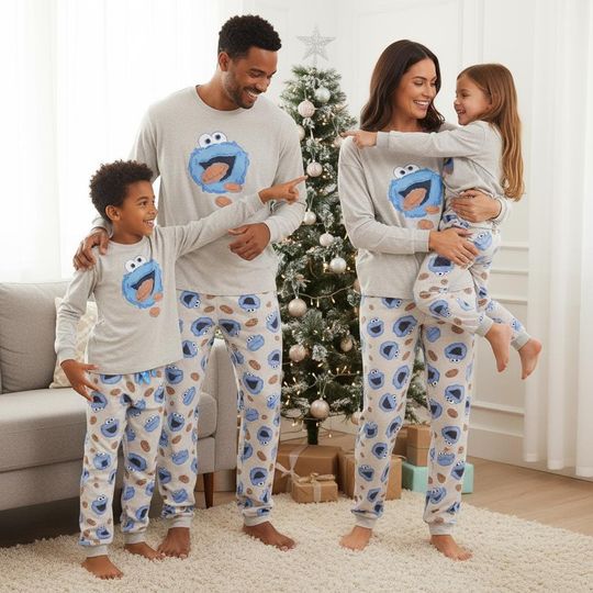 Cookie Monster Family Pajamas Set, Long Sleeve PJs, Sesame Street Christmas Pajamas, Matching Pyjama Set, Xmas Gift For Family
