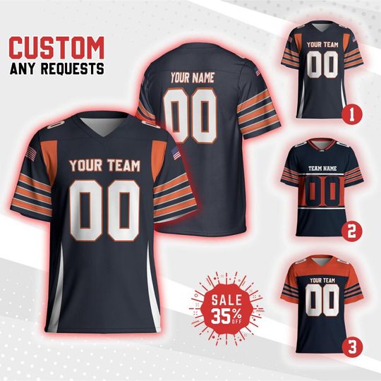 Discover Personalized Name & Number Free Style Sports, Custom Team Bear Football Jersey navy and orange, V-neck Mesh Jersey For Men Mesh Polyester