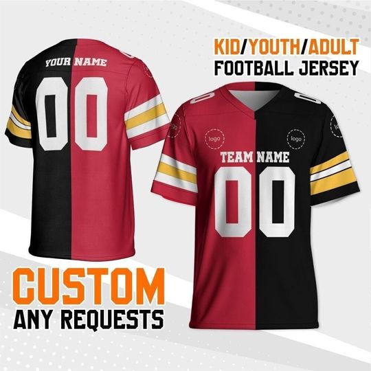 Personalized Any Two Team Red And Black Color Football Jersey, Split Half Uniform Jersey, Custom Short Sleeve Jersey