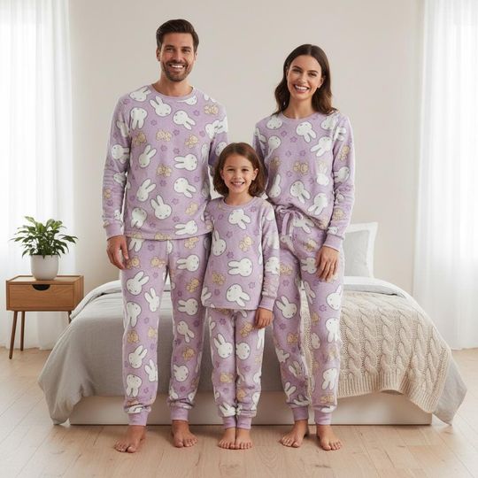 Bunny Family Pajamas Set, Rabbit Long Sleeve PJs, Lavender Christmas Pajamas, Matching Pyjama Set, Xmas Gift For Family