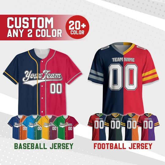 Personalize Two Team Color Football and Baseball Jersey, Split Half Uniform Jersey, Custom Short Sleeve Jersey, Gift for him, Black Red Blue