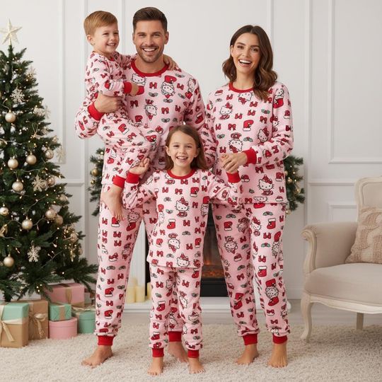 Hello Kitty Family Pajamas Set, Cute Long Sleeve PJs, Pink Christmas Pajamas, Matching Pyjama Set, Xmas Gift For Family