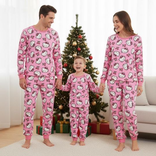 Hello Kitty Family Pajamas Set, Cute Long Sleeve PJs, Pink Christmas Pajamas, Matching Pyjama Set, Xmas Gift For Family